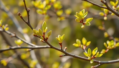 Tiny green buds and leaves emerge from bare branches, signifying spring, springtime, season
