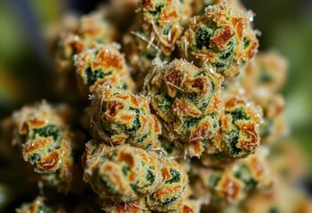 Fototapeta premium Close-up of iridescent cannabis trichomes glistening on bud surface, trichomes, cannabinoids