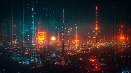 Fototapeta premium Futuristic cityscape at night with glowing towers and digital data streams.