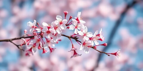 Obraz premium Delicate pink and white Sakura blossoms on a branch against a blurred background, nature, branch