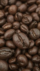 Fototapeta premium Dry, oily, roasted coffee beans, close-up texture, dark, image