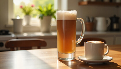 Refreshing Cold Brew and Espresso on Wooden Table in Sunlit Kitchen