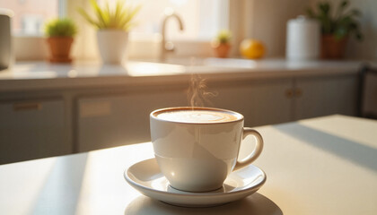 Steaming Cup of Coffee in Cozy Sunlit Kitchen