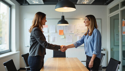 Professional Businesswomen Shaking Hands in Modern Office After Successful Agreement