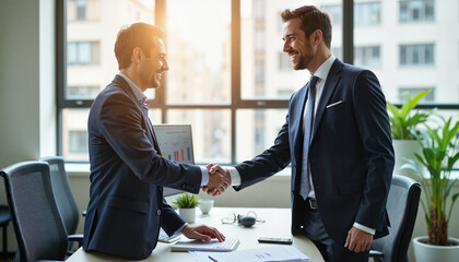 Successful Business Handshake in Bright Modern Office with City View