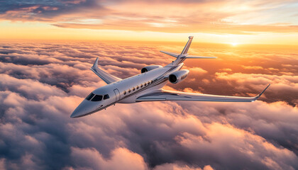 Private jet plane flying above clouds in beautiful