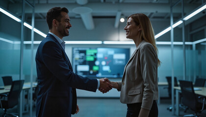 Business Professionals Shaking Hands in High-Tech Office After Successful Agreement