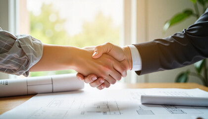 Business Handshake Over Contract and Blueprints in Bright Office