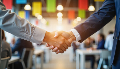 Professional Handshake Symbolizing Business Partnership in a Modern Office