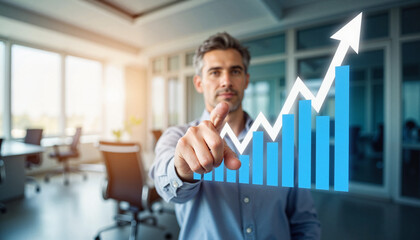 Business Leader Interacting with Rising Financial Growth Chart in Modern Office