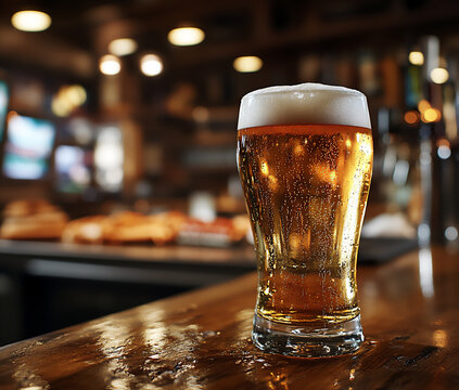 a glass of beer on the bar counter in the foreground,