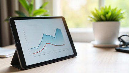 Tablet Displaying Business Analytics and Growth Chart on Modern Office Desk