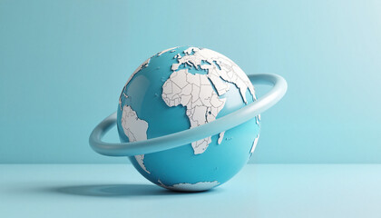 Minimalistic 3D Globe with Orbiting Ring on Light Blue Background