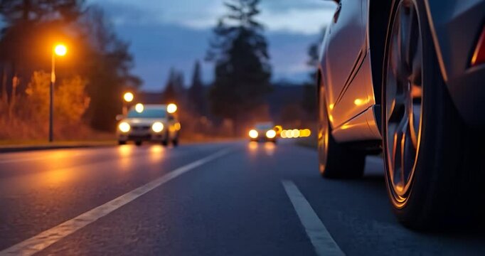 Nighttime driving scene on a two-lane road.  Low-angle view, focusing on car tires and headlights.  Warm yellow light from street lamps and vehicle lights illuminate the asphalt