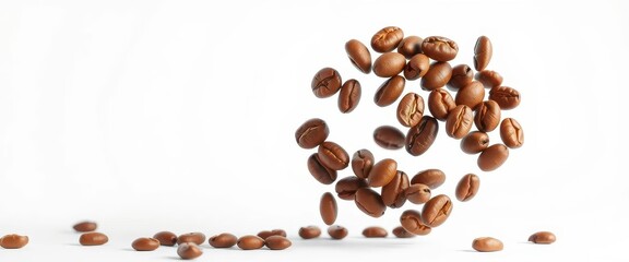 Naklejka premium Roasted coffee beans levitate against a pure white backdrop, marketing, roasted
