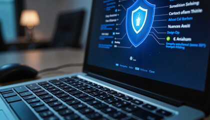 Laptop Screen Displaying Cybersecurity Software with Shield Protection Icon