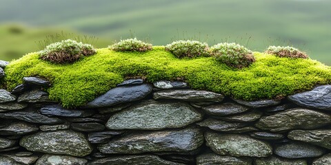 Mossy stone wall, scenic hills