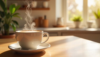 Steaming Cup of Coffee in a Sunlit Kitchen for a Cozy Morning