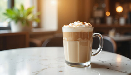 Warm Latte with Whipped Cream and Cinnamon in a Cozy Café Setting