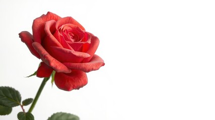 Fototapeta premium Single perfect rose, vibrant petals, pristine white backdrop, close-up, elegance, isolated