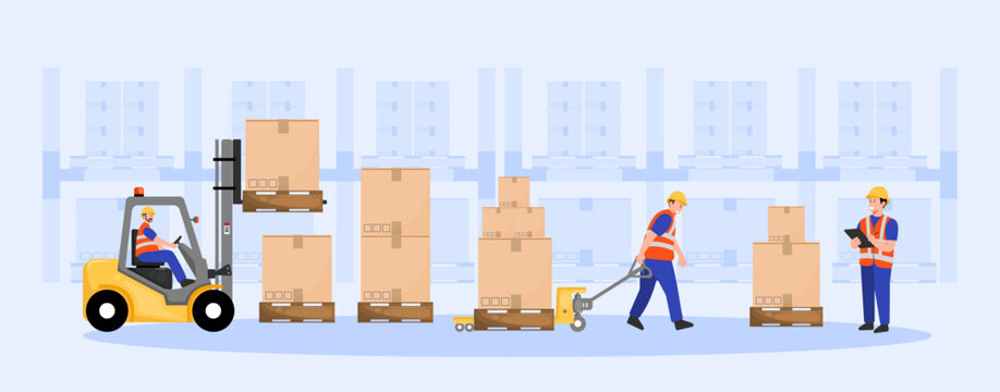 A vector illustration depicting a warehouse scene with workers operating a forklift and transporting boxes, showcasing logistics and material handling.