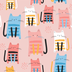 Cartoon seamless pattern with colorful striped cats. Kittens with ice cream, hearts. Childish texture for fabric, textile, apparel, wallpaper. Vector illustration