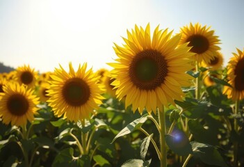 Fototapeta premium Vibrant yellow sunflower field under bright summer sun, summer, stem