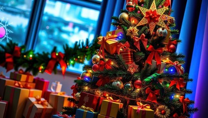 A brightly lit Christmas tree adorned with colorful presents and festive garland, holiday, bright