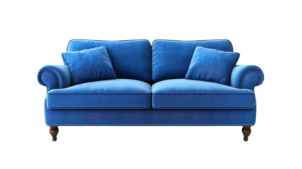 Bright blue couch with plush pillows adds a pop of color to modern living space