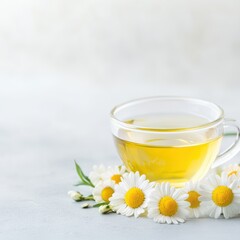 Herbs to fight inflammation. A cup of herbal tea surrounded by fresh daisies on a soft background.