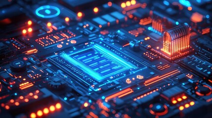 Obraz premium Cybersecurity transfer of data in network security concept. Close-up view of a colorful circuit board with glowing components.