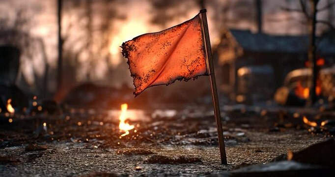 Burnt orange flag on a stick, waving gently in the wind amidst a wildfire scene at sunset.  Embers glow in the foreground, suggesting recent fire damage. Dark and somber mood