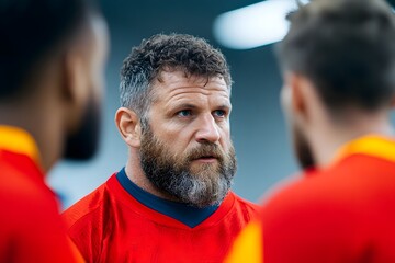 Rugby team and coach in tense pre match huddle