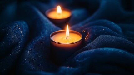 Soft-focus candlelight reflections over deep navy fabric, symbolizing remembrance. Horizontal Orientation