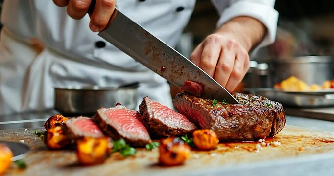Close-up shot of a chef slicing a cooked steak on a wooden board. Roasted potatoes and herbs garnish the dish. Warm lighting highlights the rich colors of the meat