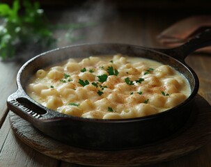 Gluten-free macaroni cheese in marble-textured skillet, designed for dietary restriction guides, allergy conference materials, or health clinic educational posters. Rice pasta visual clarity.