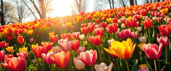 Sun-drenched meadow bursting with vibrant tulips, spring blooms, close up, easter background