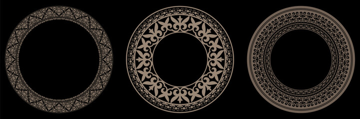 Set of decorative luxury gold round frames on a black background. Islamic Circle frame. Template for round surfaces, invitation, textile, engraving, embroidery, plate, ceramic, sandblasting, porcelain