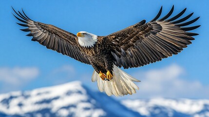 Fototapeta premium Majestic Bald Eagle Soaring High Above Snow-Capped Mountain Peaks