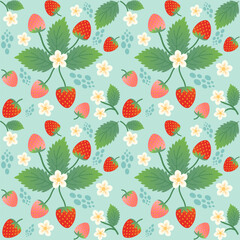 strawberry seamless pattern with flowers on green background.
