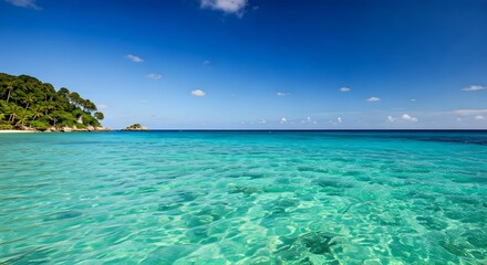Fototapeta premium A tropical beach with crystal-clear turquoise water and palm trees swaying, Ai Generated