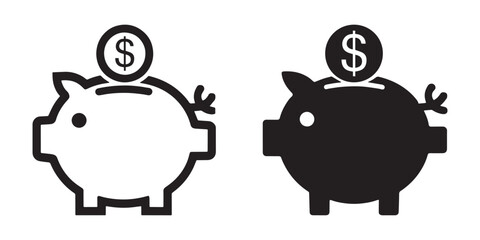 Simple Black and White Piggy Bank Icon with Dollar Coin