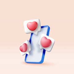 3D like icon with heart and smartphone isolated. Social media notification button. Love like symbol in square speech bubble. Rendering chat balloon. Social network media app. Vector illustration