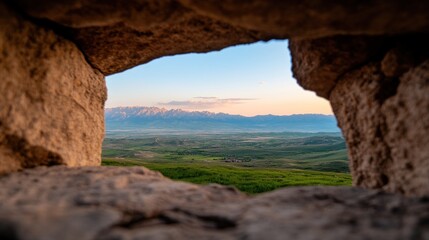 Mountain vista through stone archway