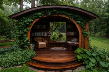 Naklejka premium A peaceful reading nook in a community garden, with seniors sitting under a pergola covered in vines, enjoying books
