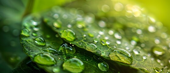 Close-Up of Green Leaf with Water Droplets, Dew Drops, and Sunlight
