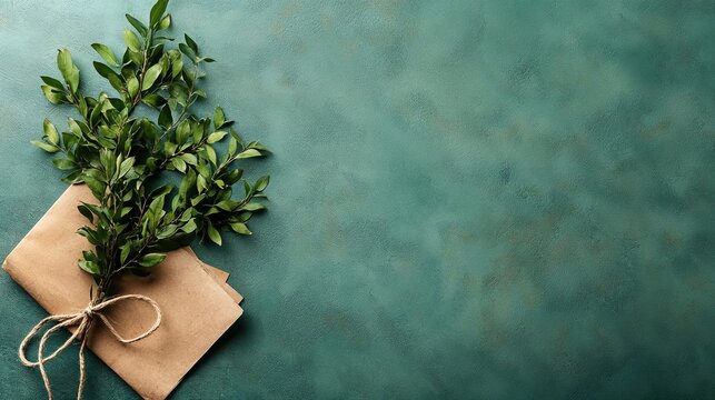 Elegant laurel leaves, and aged parchment paper placed diagonally, leaving room for text. Symbolizing VE Day. Horizontal Orientation