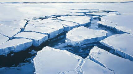 Obraz premium Cracked ice on a lake reveals deep blue fractures against a white surface in serene winter landscape