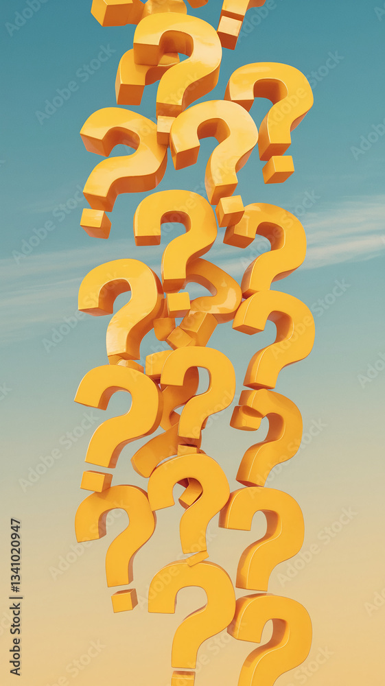 Poster many yellow question marks fall against a blue-orange gradient background, symbolizing uncertainty, 