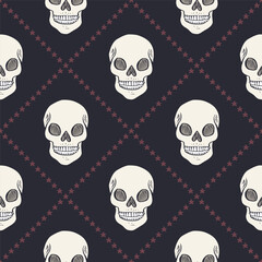Seamless pattern with hand drawn human skulls inside trellis. Halloween repeat background. Day of dead wrapping design.